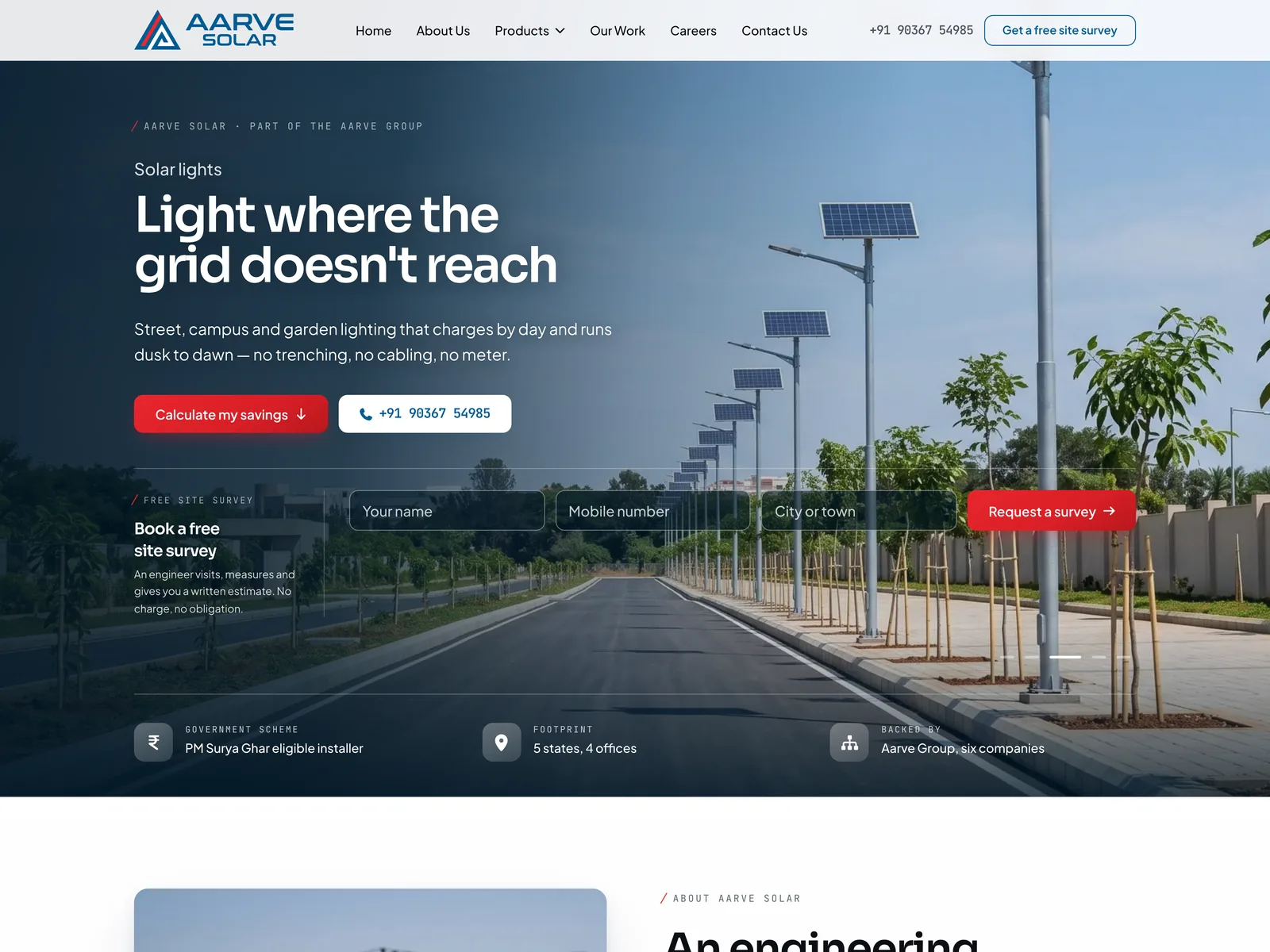 Screenshot of the Aarve Solar website home page