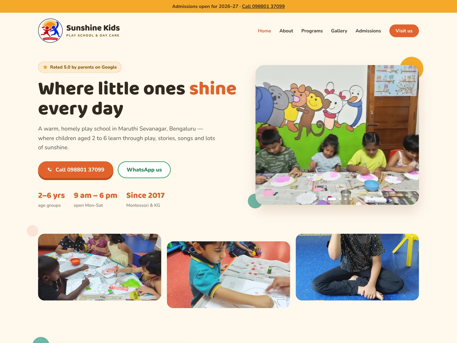 Screenshot of the Sunshine Kids Playschool website home page