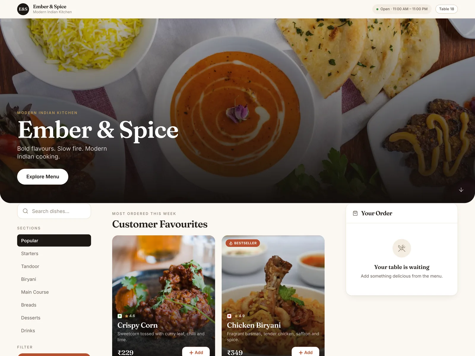 Screenshot of the Ember & Spice website home page